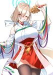  1girl absurdres asuna_(blue_archive) bare_shoulders bell blonde_hair blue_archive blue_halo blue_nails blush bow breasts closed_eyes commission cowboy_shot detached_sleeves facing_viewer grin hair_bow hair_over_one_eye hakama hakama_skirt halo highres holding holding_instrument instrument japanese_clothes jingle_bell kagura_suzu kimono large_breasts long_hair miko obi panties panty_peek pleated_skirt red_skirt ribbon sash sayu_mypace side-tie_panties simple_background skeb_commission skindentation skirt smile solo teeth thigh_gap thighhighs thighs underwear w white_background white_bow white_panties wide_sleeves zettai_ryouiki 