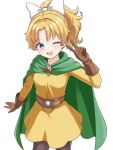  1girl ;d belt black_leggings blonde_hair blue_eyes bow brown_belt brown_gloves cape commentary_request cowboy_shot dragon_quest dragon_quest_ii dress gloves green_cape hair_bow highres leggings looking_to_the_side nullgame_fe one_eye_closed open_mouth parted_bangs ponytail princess_of_samantoria smile solo v white_background white_bow yellow_dress 
