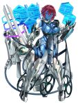 1girl aiz_gunafari black_gloves blue_eyes blue_skin breasts cleavage colored_skin dairoku_ryouhei earclip full_body gauntlets gloves highres holding holding_weapon holographic_interface large_breasts looking_at_viewer magatatara mechanical_legs mechanical_tail multicolored_hair purple_hair red_hair short_hair solo streaked_hair tail transparent_background weapon 