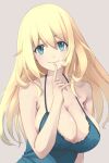 1girl alternate_costume atago_(kancolle) blonde_hair blue_camisole blue_eyes breasts camisole cleavage finger_to_mouth grey_background highres kantai_collection large_breasts long_hair neko_no_hige simple_background solo upper_body 