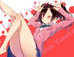  ;) black_hair blush bow character_name closed_mouth copyright_name hair_bow highres legs looking_at_viewer love_live! love_live!_school_idol_project one_eye_closed red_eyes short_hair smile solo thighs twintails yazawa_nico ytk_(yutta-p) 