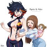  3girls :d alternate_costume bare_arms bare_shoulders black_hair breasts character_name cleavage closed_eyes earrings highres if_they_mated jewelry kill_la_kill looking_at_another mankanshoku_mako matoi_ryuuko multiple_girls navel red_hair senketsu shio_(zsp1jqohfr12495) skirt smile 