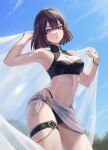  1girl absurdres bikini black_bikini black_hair blue_sky bracelet breasts bright_pupils commentary_request cowboy_shot green_hair highleg highleg_bikini highres honkai:_star_rail honkai_(series) jewelry linea_alba looking_at_viewer medium_breasts medium_hair michiko_(ui29) multi-strapped_bikini_bottom multicolored_hair navel outdoors parted_lips red_eyes red_hair sarong see-through_clothes see-through_sarong sky solo stomach streaked_hair swimsuit thigh_strap white_pupils white_sarong xueyi_(honkai:_star_rail) 