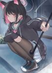  1girl :t absurdres animal_ears black_choker black_hair black_hoodie black_pantyhose blue_archive blush cat_ears cat_girl choker closed_mouth colored_inner_animal_ears colored_inner_hair commentary extra_ears full_body green_sailor_collar green_shoes hair_behind_ear halo highres holding holding_umbrella hood hood_down hoodie kazusa_(blue_archive) long_sleeves looking_at_viewer miku_rasha multicolored_hair neckerchief outdoors outstretched_arm pantyhose pink_hair pink_halo pink_neckerchief pleated_skirt pov rain red_eyes sailor_collar shoes short_hair skirt sneakers solo squatting symbol-only_commentary umbrella v-shaped_eyebrows white_skirt 