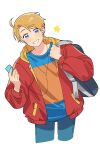 1boy america_(hetalia) axis_powers_hetalia backpack bag blonde_hair blue_eyes blue_pants commentary crew_neck cropped_legs curtained_hair grin headphones highres holding holding_bag hood hood_down hooded_jacket hori280 jacket looking_at_viewer male_focus no_eyewear open_clothes open_jacket pants red_jacket shirt short_hair simple_background smile solo star_(symbol) symbol-only_commentary teeth two-sided_fabric two-sided_jacket white_background 