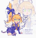  !? 1girl akr0094 animal_ears black_gloves black_shirt blush breast_pocket collared_shirt elbow_gloves fingerless_gloves gloves green_eyes hashtag-only_commentary highres ju_fufu open_mouth pocket shirt shorts speech_bubble striped_fur tail thigh_strap tiger_ears tiger_tail watermark zenless_zone_zero zoom_layer 