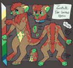 3_fingers andromorph anthro belly_nipples big_clitoris blep blue_eyes brown_body brown_fur claws clitoris collar facial_markings fingers fluffy fur genitals green_paws gynomorph head_markings hi_res hyena intersex mammal mane markings mastectomy_scar model_sheet muskysaber nub_tail piercing red_body red_fur scar solo spots spotted_body spotted_hyena star_(marking) tear_(marking) tongue tongue_out yellow_body yellow_claws yellow_fur zak(muskysaber)