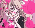  blonde_hair blood blood_splatter blush breasts choker cleavage closed_mouth collarbone colored_eyelashes crosshair danganronpa danganronpa_1 enoshima_junko evil_smile fingernails grey_eyes large_breasts lips long_fingernails long_hair looking_at_viewer mao_(kieuseru) nail_polish pink_background pink_blood simple_background smile solo symbol-shaped_pupils twintails upper_body v very_long_hair 