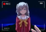  1girl 1other arms_behind_back backlighting battery_indicator blue_eyes blush bow bowtie buttons charlotte_(anime) closed_mouth commentary_request eye_reflection grey_hair hair_between_eyes happy highres hoshinoumi_academy_school_uniform huge_bow long_hair long_sleeves looking_at_viewer night night_sky outdoors poteto_furai pov pov_hands recording red_shirt reflection sailor_collar school_uniform serafuku shirt sidelocks sky smile solo_focus split_mouth star_(sky) starry_sky tomori_nao two_side_up upper_body viewfinder white_sailor_collar yellow_bow yellow_bowtie 