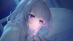  1girl cellphone closed_mouth commentary_request grey_hair hair_intakes highres holding holding_phone hood hood_down hoodie long_sleeves lying nail_polish on_side phone pillow purple_eyes purple_nails re:act sleeves_past_wrists solo suzumori_uina upper_body usuwa_suu white_hoodie 