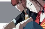  1boy 1girl amikoiiko arm_on_knee black_choker black_jacket black_shirt blue_eyes breasts brown_hair choker claire_redfield cleavage closed_eyes closed_mouth collarbone commentary denim grey_background head_down highres jacket jeans knees_up letterboxed long_hair looking_at_another looking_to_the_side pants pink_lips ponytail prisoner red_jacket resident_evil resident_evil_-_code:_veronica shirt short-sleeved_jacket short_hair short_sleeves simple_background sleeveless sleeveless_jacket sternocleidomastoid_muscle steve_burnside two-tone_background white_background yellow_shirt 