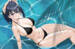  1girl abs absurdres bikini black_bikini black_hair blue_eyes breasts cloudrain_demon earrings highres hololive hololive_english jewelry large_breasts linea_alba navel ouro_kronii palm_tree partially_submerged shadow solo swimsuit thigh_gap toned toned_female tree virtual_youtuber 