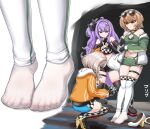  3girls alternate_costume blonde_hair blue_eyes blue_shorts breasts brown_hair clio_aite eepy_sleepy efreezerarts feet foot_focus green_jacket green_shorts highres holding holding_phone hood hoodie jacket long_hair marimari_(vtuber) multiple_girls navel orange_hoodie over-kneehighs phase_connect phone purple_eyes purple_hair shoes short_hair shorts skindentation small_breasts taking_picture thigh_strap thighhighs toenails toes unworn_shoes very_long_hair virtual_youtuber yellow_eyes 