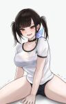  1girl between_legs black_bra black_buruma black_hair blush bra bra_visible_through_clothes breasts brown_eyes buruma collarbone commentary_request goddess_of_victory:_nikke grey_background gym_shirt gym_uniform hand_between_legs highres medium_breasts open_mouth see-through_clothes see-through_shirt shirt simple_background sitting solo sora_(nikke) sunameri_(pixiv3564245) sweat trembling twintails underwear 