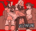  1boy 1other 2girls animal_ears antlers armrest beak berdly_(deltarune) bird_boy bird_legs bird_wings black_pants black_shirt black_skirt black_socks black_sweater buck_teeth closed_mouth coat commentary couch deer_antlers deer_ears deer_girl deltarune denim dokusony83834 english_commentary furry furry_female glasses hair_down hand_on_own_face horns jeans kneehighs kris_(deltarune) limited_palette long_hair lying miniskirt monster_girl multiple_girls no_eyes no_shoes noelle_holiday on_couch on_stomach pants pleated_skirt ponytail red_background reindeer_girl reptile_girl shaded_face shirt short_hair sitting sitting_on_person skirt smile socks striped_clothes striped_sweater susie_(deltarune) sweater sweater_vest teeth torn_clothes torn_jeans torn_pants vest white_shirt wings 