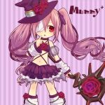  1girl bandage_over_one_eye bare_shoulders breasts character_name dress emil_chronicle_online flower frilled_dress frilled_skirt frills hair_ribbon hand_on_own_cheek hand_on_own_face hat holding holding_staff long_hair mummy_alma navel purple_hair purple_ribbon red_eyes ribbon rose skirt small_breasts solo staff twintails yellow_(artist) 