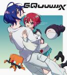  1boy 1girl amate_yuzuriha aqua_eyes aqua_shirt aqua_skirt artist_name beanie black_hat blue_hair blush collared_shirt colored_inner_hair commentary_request conch_(gundam) copyright_name couple gloves gundam gundam_gquuuuuux haro hat hetero holding hua_(supa_jopa) long_sleeves looking_at_viewer multicolored_hair open_mouth pixiv_id purple_hair red_eyes red_hair robot school_uniform shirt short_hair shuji_ito skirt smile sweater tank_top twitter_username two-tone_hair watermark white_shirt 