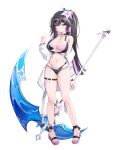  1girl abigail_(black_survival) absurdres arm_behind_back bare_shoulders barefoot bikini black_bikini black_choker black_hair black_survival breasts choker cleavage closed_mouth collarbone colored_inner_hair commentary_request eternal_return:_black_survival expressionless flower full_body green_eyes hair_between_eyes hair_flower hair_ornament halterneck hand_up heart heart_o-ring highres holding holding_scythe holding_weapon jacket key key_choker kisa_(leg3043) korean_commentary large_breasts layered_bikini legs long_hair long_sleeves looking_at_viewer multicolored_hair o-ring o-ring_bikini off_shoulder official_alternate_costume pink_bikini pink_hair platform_sandals ponytail purple_sandals sandals scythe simple_background solo standing swept_bangs swimsuit thigh_strap thighs toes v very_long_hair weapon white_background white_flower white_jacket 
