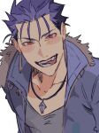  1boy black_shirt blue_hair blue_jacket collarbone collared_jacket commentary cu_chulainn_(fate) earrings fate_(series) fur-trimmed_collar fur_trim highres jacket jewelry jooojooo_oo looking_at_viewer male_focus open_clothes open_jacket piercing popped_collar red_eyes shirt simple_background smile solo symbol-only_commentary teeth tongue tongue_out upper_body v-neck white_background 