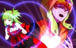  1boy 1girl beatmania_iidx bemani black_skirt blunt_bangs bucchigiri?! closed_eyes commentary_request green_hair heart heart_hands highres hishimiya_tsugaru hood hood_up hoodie kurogane_tekka long_hair moe_moe_kyun! open_mouth orange_eyes orange_hair orange_hoodie parody pleated_skirt prop_is_god purple_background red_shirt shirt short_hair skirt sleeveless sleeveless_shirt two_side_up upper_body 