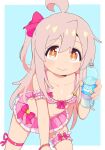  1girl ahoge bare_shoulders bikini blue_background border bottle bow breasts closed_mouth cowboy_shot dot_nose frilled_bikini frills hair_between_eyes highres holding holding_bottle light_blush long_hair looking_at_viewer onii-chan_wa_oshimai! oyama_mahiro simple_background small_breasts smile swimsuit tarupikox1 very_long_hair white_border 