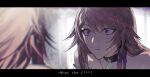  1girl 1nuyaki ascot bare_shoulders black_border black_choker border bow brown_hair choker closed_mouth commentary crazy_eyes english_text frills hair_between_eyes hair_bow hair_ornament herta_(honkai:_star_rail) highres honkai:_star_rail honkai_(series) long_hair looking_at_mirror mirror no_headwear purple_bow purple_eyes reflection sidelocks solo symbol-only_commentary the_herta_(honkai:_star_rail) white_ascot x_hair_ornament 