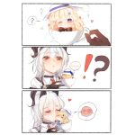  !? &gt;_&lt; 2girls ? absurdres black_gloves black_horns blonde_hair blush collared_shirt commentary cup curled_horns derivative_work english_commentary gloves hat heart highres holding holding_cup horns kiss kissing_cheek long_hair looking_at_another mikori mini_person mole mole_under_eye multiple_girls necktie one_eye_closed phoebe_(wuthering_waves) purple_eyes red_eyes red_necktie shirt spoken_blush spoken_question_mark teacup white_hat white_shirt wuthering_waves yuri zani_(wuthering_waves) 