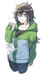  1girl :d black_hair black_pants black_shirt blush breasts collarbone commentary_request cowboy_shot cropped_legs flying_sweatdrops genderswap genderswap_(mtf) green_eyes green_jacket hair_between_eyes hand_up iwatani_naofumi jacket long_hair looking_at_viewer masuji medium_breasts messy_hair multicolored_jacket open_mouth pants shirt signature simple_background sketch sleeves_past_wrists smile solo tate_no_yuusha_no_nariagari two-tone_jacket white_background white_jacket 