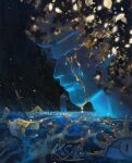  2boys artist_name bell blue_skin clair_obscur:_expedition_33 closed_eyes colored_skin disintegration dissolving dual_persona falling_petals highres kiasherria male_focus multiple_boys petals picture_frame planted planted_sword standing surreal sword tears verso_(clair_obscur:_expedition_33) water weapon 
