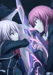  2girls absurdres arm_up bow chaos;child clenched_teeth cloud cloudy_sky d-sword dress duel eye_contact fighting glowing glowing_sword glowing_weapon grin hair_between_eyes hekiho_academy_school_uniform highres holding holding_sword holding_weapon jacket long_hair long_sleeves looking_at_another minamisawa_senri multiple_girls night official_art onoe_serika parted_lips pink_eyes pink_hair red_eyes red_hair school_uniform short_hair sidelocks skirt sky smile sword teeth weapon 