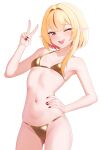  1girl absurdres armpits bikini blonde_hair blunt_ends blush center-flap_bangs chromashift commentary cowboy_shot double-parted_bangs dsuzu fang fingernails gold_bikini hair_intakes hand_on_own_hip hand_up highres linea_alba looking_at_viewer nail_polish navel one_eye_closed open_mouth pointy_ears posing red_eyes red_nails ruby_runeheart short_hair_with_long_locks simple_background slit_pupils smile solo standing stomach swimsuit teeth upper_teeth_only v variant_set virtual_youtuber white_background 