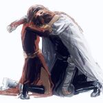  1boy 1girl bandaged_arm bandages black_boots black_shirt blood blood_on_bandages boots braid brother_and_sister cape chinese_clothes dress gintama grey_cape highres hug kagura_(gintama) kamui_(gintama) kneeling long_hair lushu_kuye orange_hair red_dress shirt short_hair siblings single_braid white_background 