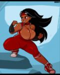  1girl artist_name bare_shoulders black_gloves black_hair bodysuit breasts cleavage clenched_hands commentary commission english_commentary fingerless_gloves full_body gloves highres jamie_supreme_(megaflare08) large_breasts long_hair megaflare08 open_mouth original red_bodysuit red_eyes red_shoes shoelaces shoes smile solo teeth thick_thighs thighs trinabiggs3 
