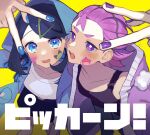  2girls album_cover black_hair black_shirt blue_eyes blue_jacket blush braid bright_pupils cardigan collarbone cover dot_(pokemon) freckles green_hair_ornament hair_ornament hairclip highres inward_v jacket liko_(pokemon) looking_at_viewer multicolored_hair multiple_girls nail_polish omoi_moyora_nai open_clothes open_jacket open_mouth pants pokemon pokemon_(anime) pokemon_horizons purple_cardigan purple_eyes purple_hair shirt shorts simple_background sticker_on_face swept_bangs tank_top teeth two-tone_hair upper_teeth_only v white_pupils white_shirt yellow_background 