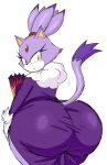 2024 anthro big_butt biped blaze_the_cat blush bottom_heavy breasts butt butt_focus clothed clothing digital_drawing_(artwork) digital_media_(artwork) dipstick_tail domestic_cat dress eyelashes felid feline felis female folding_fan forehead_gem fur gem hair hi_res holding_fan holding_object huge_butt huge_hips looking_at_own_butt mammal markings momijizx portrait purple_body purple_clothing purple_dress purple_fur purple_hair raised_tail rear_view sega shy simple_background slit_dress solo sonic_the_hedgehog_(series) standing tail tail_markings thick_thighs three-quarter_portrait tied_hair white_background wide_hips yellow_eyes