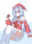  1girl bell blue_archive blue_hair braid chise_(blue_archive) choker christmas commentary detached_sleeves dress english_commentary feet_out_of_frame fur-trimmed_dress fur-trimmed_sleeves fur_trim gloves halo hand_up hat highres horns long_hair long_sleeves looking_at_viewer neck_bell panties pantyshot pink_eyes rieana santa_costume santa_dress santa_hat short_dress solo strapless strapless_dress thighhighs twin_braids underwear upskirt very_long_hair 