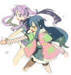  &gt;_&lt; 2girls ahoge bandage_on_knee blue_eyes blue_hair blush bow bracelet clenched_hands denim denim_skirt gingham gingham_bow green_star hair_ornament hairclip heart heart_hair_ornament highres hiiragi_kagami holding_hands hood hoodie izumi_konata jewelry konokawa long_hair lucky_star multiple_girls overall_skirt pink_vest polka_dot polka_dot_shirt purple_hair raglan_sleeves shadow shirt skirt star_(symbol) star_hair_ornament striped_sleeves twintails vest white_background yellow_bow 