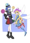  2girls american_flag_dress american_flag_legwear bare_shoulders belt black_belt black_boots black_choker black_hat black_jacket black_shirt blonde_hair blue_background blue_eyes blue_hair blush boots border breasts chain choker closed_mouth clothes_writing clownpiece collarbone dress earth_(ornament) fairy_wings fingernails flying frills from_side full_body fur-trimmed_jacket fur-trimmed_sleeves fur_trim gold_chain green_skirt hand_on_own_hip hat hecatia_lapislazuli hecatia_lapislazuli_(earth) highres jacket leg_up long_hair long_sleeves looking_at_viewer majime_na_gakuinsei medium_breasts medium_hair moon_(ornament) multicolored_skirt multiple_girls neck_ruff no_shoes off-shoulder_shirt off_shoulder open_clothes open_jacket open_mouth outside_border pantyhose plaid_clothes plaid_skirt polka_dot_headwear pom_pom_(clothes) puffy_long_sleeves puffy_sleeves purple_hat purple_skirt red_eyes red_skirt shirt simple_background skirt smile star_(symbol) star_print striped_clothes striped_dress striped_pantyhose t-shirt teeth touhou underworld_(ornament) wavy_hair white_border wings 