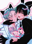  2boys absurdres alien_stage alternate_costume animal_ears apron arm_around_shoulder black_dress black_gloves black_hair blue_eyes blue_hair brown_eyes cat_ears cheek-to-cheek collared_shirt commentary_request crossdressing crossdressing_(mtf) dress enmaided fang gloves hair_between_eyes hand_on_another&#039;s_arm hand_on_another&#039;s_face heads_together heart highres ivan_(alien_stage) looking_to_the_side maid maid_apron male_focus male_maid multiple_boys one_eye_closed open_mouth r9_p5p rabbit_ears sanpaku shirt short_hair sideways_glance sleeve_cuffs teeth till_(alien_stage) tongue upper_body upper_teeth_only white_apron white_background wing_collar yaoi 