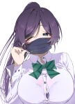  1girl absurdres alternate_hairstyle aqua_eyes blush bra bra_peek bra_visible_through_clothes breasts cleavage commentary_request green_ribbon highres large_breasts long_hair long_sleeves love_live! love_live!_school_idol_project mask matatabianko mouth_mask neck_ribbon one_eye_closed otonokizaka_school_uniform ponytail purple_bra purple_hair ribbon school_uniform shirt solo tojo_nozomi underwear white_background white_shirt 