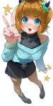 1girl :3 absurdres bare_shoulders blonde_hair blue_eyes blunt_bangs blush breasts ch1ckpyo fang highres jewelry medium_breasts memcho multiple_rings nail_polish oshi_no_ko ring skirt solo sweatdrop v 