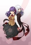  back-to-back blush breasts dark_persona dark_sakura dress dual_persona fate/stay_night fate_(series) hair_ribbon highres holding_hands homurahara_academy_uniform long_hair long_sleeves looking_at_viewer matou_sakura medium_breasts multiple_girls purple_eyes purple_hair red_eyes ribbon school_uniform skirt smile vest white_hair yumemizuki 