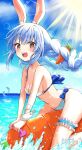  1girl animal animal_ear_fluff animal_ears bare_shoulders bikini blue_sky blush braid breasts brown_eyes carrot_hair_ornament cleavage cloud commentary_request day dolphin feet_out_of_frame floating_hair food-themed_hair_ornament hair_ornament highres hololive horizon kiritoma long_hair looking_at_viewer medium_breasts open_mouth outdoors rabbit-shaped_pupils rabbit_ears sky solo splashing striped_bikini striped_clothes sun swimsuit symbol-shaped_pupils teeth twin_braids twintails upper_teeth_only usada_pekora very_long_hair virtual_youtuber water white_bikini 