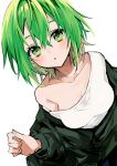  1girl :o atatakakunaru bob_cut breasts character_request crossed_bangs double-parted_bangs from_above green_eyes green_hair green_jacket hair_between_eyes hand_up highres jacket jacket_partially_removed long_sleeves looking_at_viewer osr_00_osr parted_lips shirt short_hair simple_background single_bare_shoulder single_off_shoulder small_breasts solo upper_body white_background white_shirt 