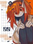  1girl adachi_rei black_headband black_pants black_shirt closed_mouth colored_skin hair_ornament hair_over_eyes hair_ribbon hairclip hand_on_own_leg headband jacket legs_up long_sleeves looking_at_viewer medium_hair orange_background orange_eyes orange_hair pants raisutea ribbon shirt short_twintails sidelocks signature simple_background sitting solo sweater turtleneck turtleneck_sweater twintails utau white_background white_jacket white_ribbon white_skin 