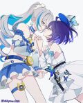  2girls bare_shoulders blue_butterfly blue_hair blue_skirt bronya_zaychik bug butterfly closed_mouth clothing_cutout commentary dress grey_eyes grey_hair hashtag-only_commentary highres holding_hands honkai_(series) honkai_impact_3rd interlocked_fingers long_sleeves multicolored_hair multiple_girls oldsprout1108 parted_lips ponytail purple_eyes purple_hair seele_vollerei shoulder_cutout simple_background skirt smile streaked_hair thigh_strap twitter_username white_background white_dress white_hair yuri 