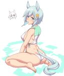  1girl absurdres animal_ears ass barefoot bikini blue_eyes blue_hair commentary_request food food_in_mouth hakutaqanta highres horse_ears horse_girl horse_tail mouth_hold popsicle popsicle_in_mouth seiun_sky_(umamusume) short_hair sitting solo swimsuit tail toes umamusume white_bikini 