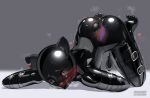  1girl all_fours anal anal_object_insertion animal_ears ball_gag bitchsuit blush bodysuit butt_plug dildo_gag fake_animal_ears full_body gag gagged gimp_mask grey_background highres human_dog inflatable_buttplug latex latex_bodysuit looking_at_viewer maguro27 mask object_insertion original pet_play pussy_juice sex_toy shiny_clothes skin_tight solo toe_scrunch trembling vaginal vaginal_object_insertion variant_set x-ray yellow_eyes 