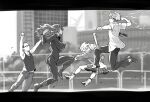  arms_up ball baseball_(object) baseball_bat battle blurry blurry_background boots bouncing_breasts breasts building buzz_cut city day dead_days denim electricity floating_hair gipsy_q glasses greyscale high_heel_boots high_heels holding holding_ball holding_baseball_bat impossible_clothes ito_fumi jacket jeans jumping jumpsuit kuresaka_teru large_breasts letterboxed loafers long_hair looking_at_another midair mitsumine_aira monochrome mr.fantastic_(band) opaque_glasses outdoors pants parody photo-referenced plaid_clothes plaid_skirt pleated_skirt punching railing shoes short_hair short_sleeves skin_tight skirt tank_top tengan_soukichi twintails very_short_hair 
