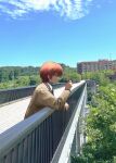  1boy angel_beats! blue_necktie blue_sky bridge brown_eyes can closed_mouth collared_shirt day expressionless from_side hair_between_eyes hand_up highres holding holding_can jacket long_sleeves male_focus necktie nmnm_nynyn orange_hair otonashi_yuzuru outdoors perspective photo_background profile shinda_sekai_sensen_uniform shirt short_hair sky solo tsurime upper_body white_shirt yellow_jacket 